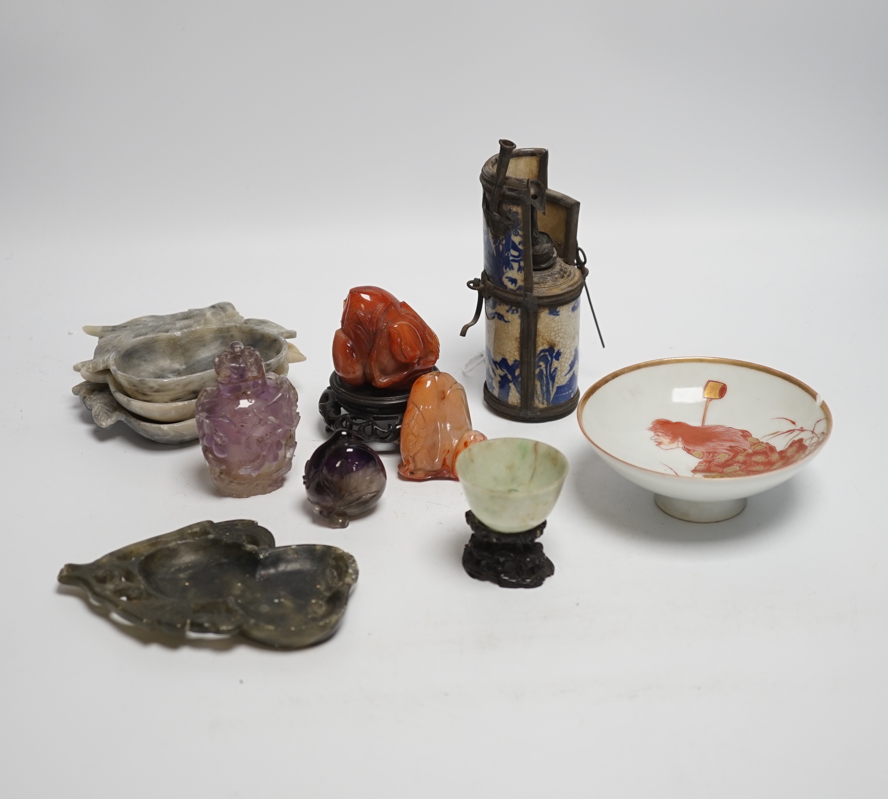 Two Chinese carved amethyst quartz scent bottles, two similar chalcedony snuff bottles, soapstone dishes, carvings etc